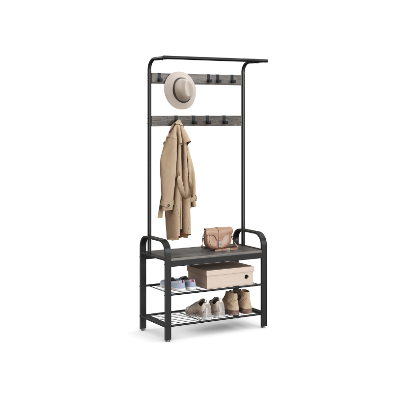 Industrial Hall Tree With Bench | Coat Hooks And Shoe Storage