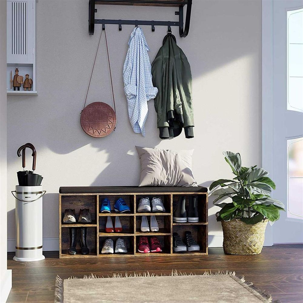 Cushioned Shoe Bench | Open Cubby Storage For Entryways
