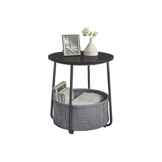 Round Nightstand | Metal Frame Side Table With Fabric Basket