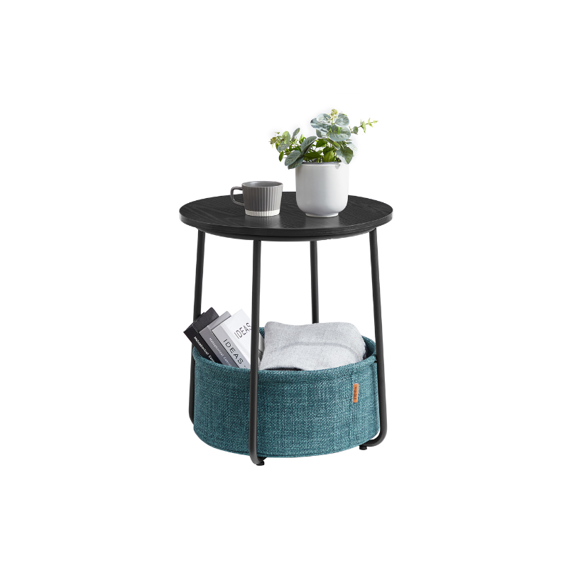Round Nightstand | Metal Frame Side Table With Fabric Basket