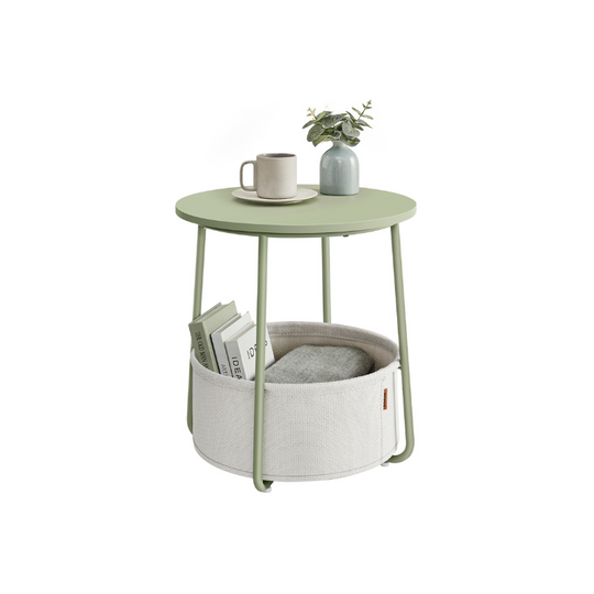 Round Nightstand | Metal Frame Side Table With Fabric Basket