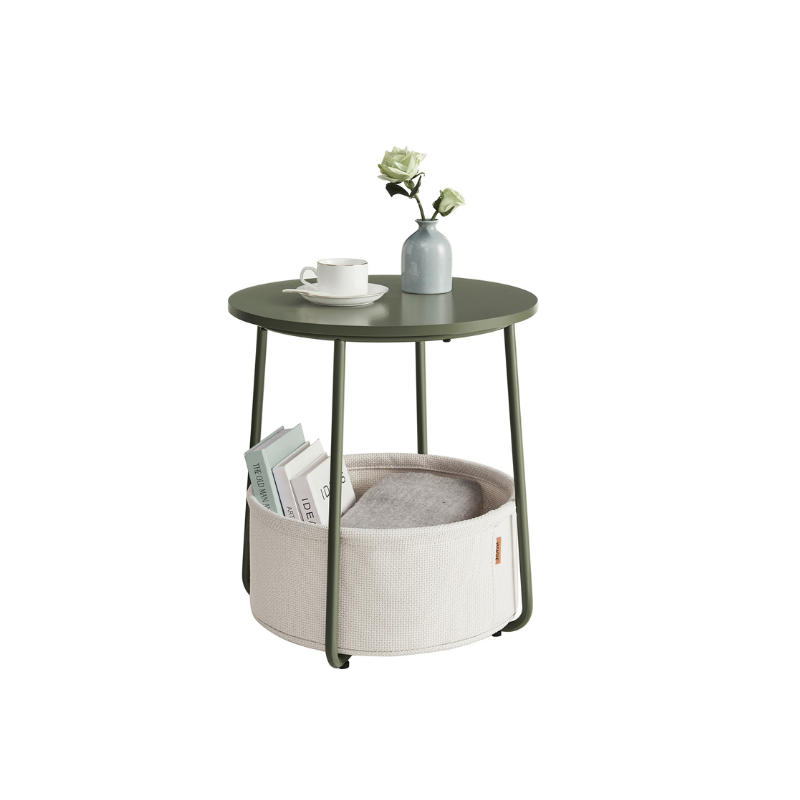 Round Nightstand | Metal Frame Side Table With Fabric Basket