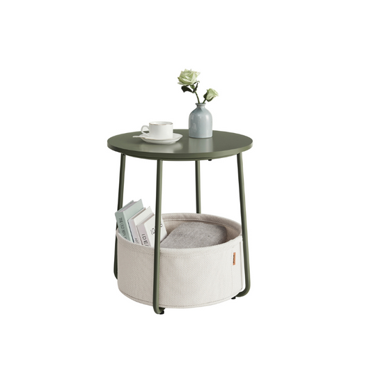 Round Nightstand | Metal Frame Side Table With Fabric Basket