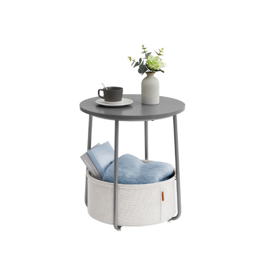 Round Nightstand | Metal Frame Side Table With Fabric Basket