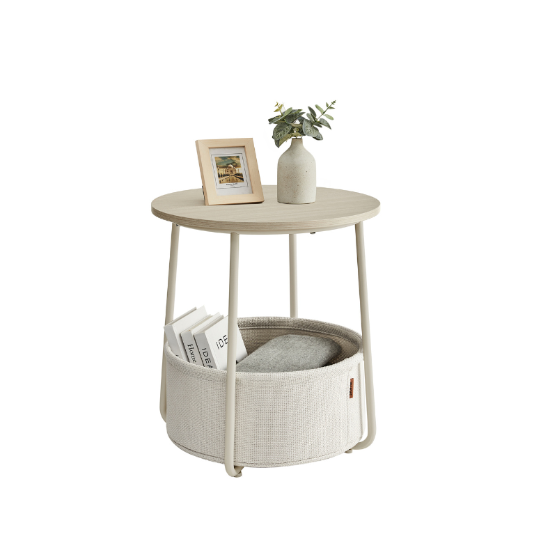Round Nightstand | Metal Frame Side Table With Fabric Basket
