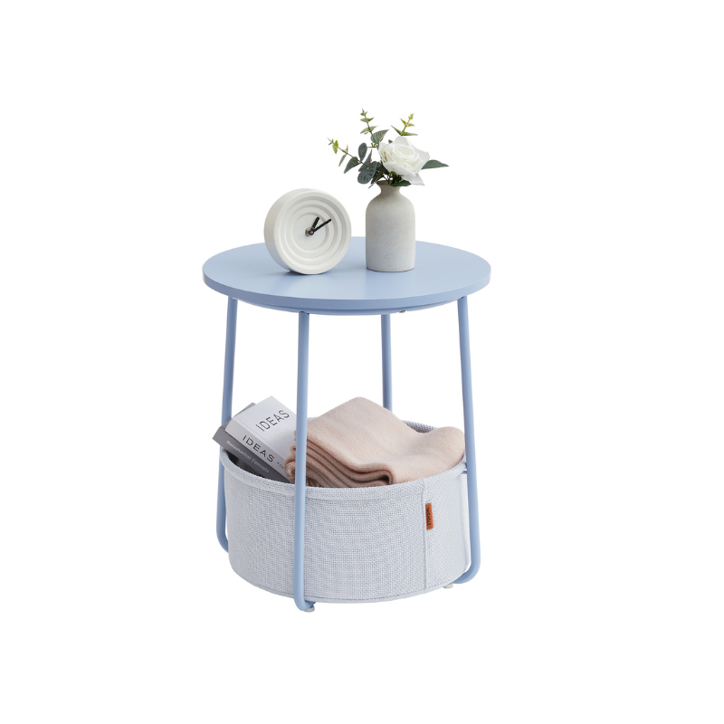 Round Nightstand | Metal Frame Side Table With Fabric Basket