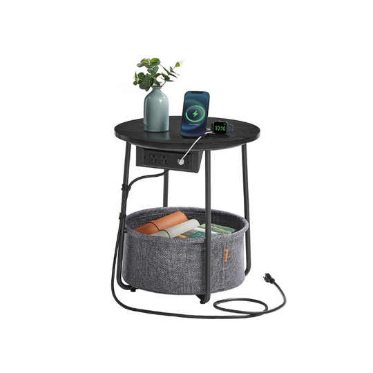 Round Side Table With Charging Station | Fabric Basket And Metal Legs