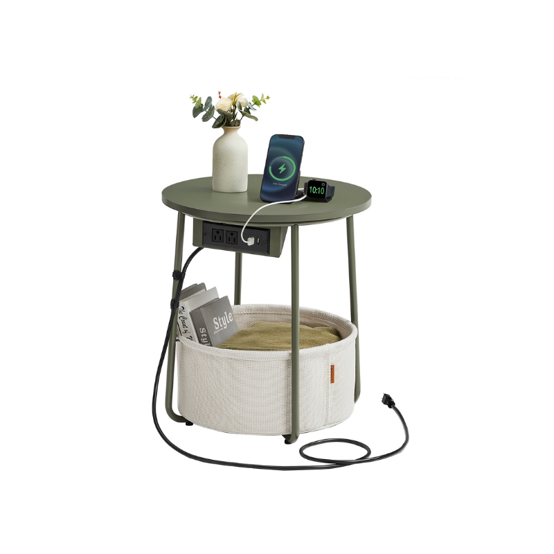 Round Side Table With Charging Station | Fabric Basket And Metal Legs
