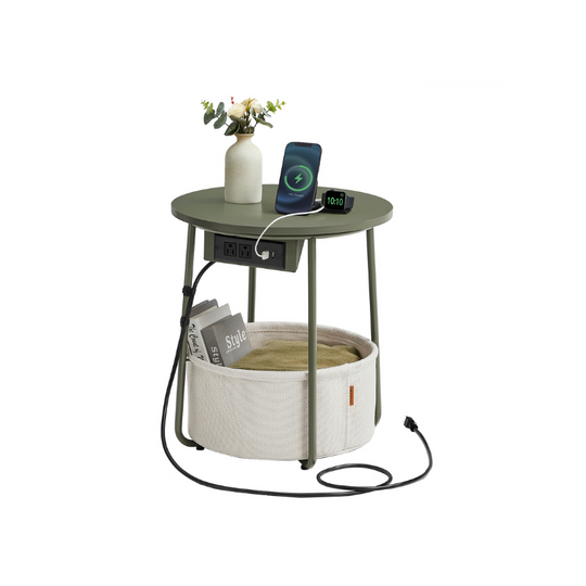 Round Side Table With Charging Station | Fabric Basket And Metal Legs