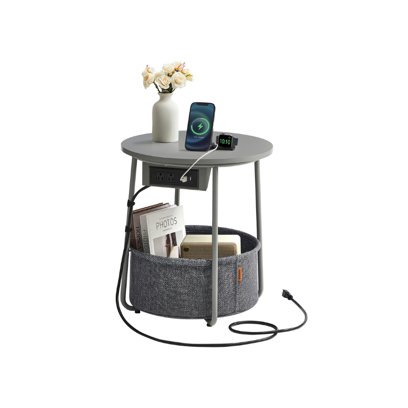 Round Side Table With Charging Station | Fabric Basket And Metal Legs