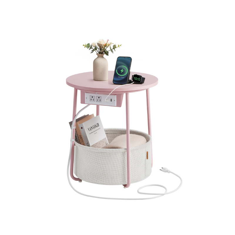 Round Side Table With Charging Station | Fabric Basket And Metal Legs