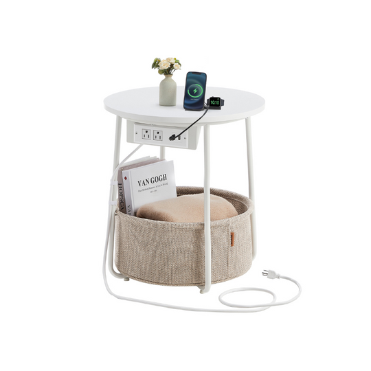Round Side Table With Charging Station | Fabric Basket And Metal Legs