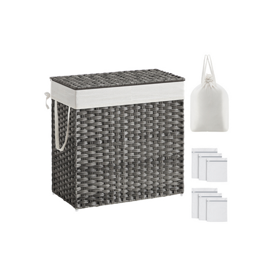 Woven Clothes Hamper | Two-Section Lidded Laundry Basket