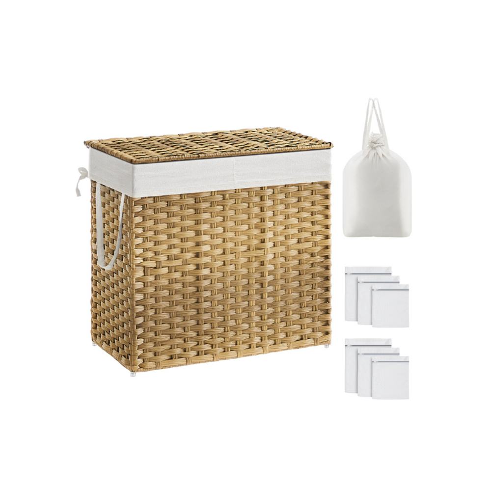 Woven Clothes Hamper | Two-Section Lidded Laundry Basket