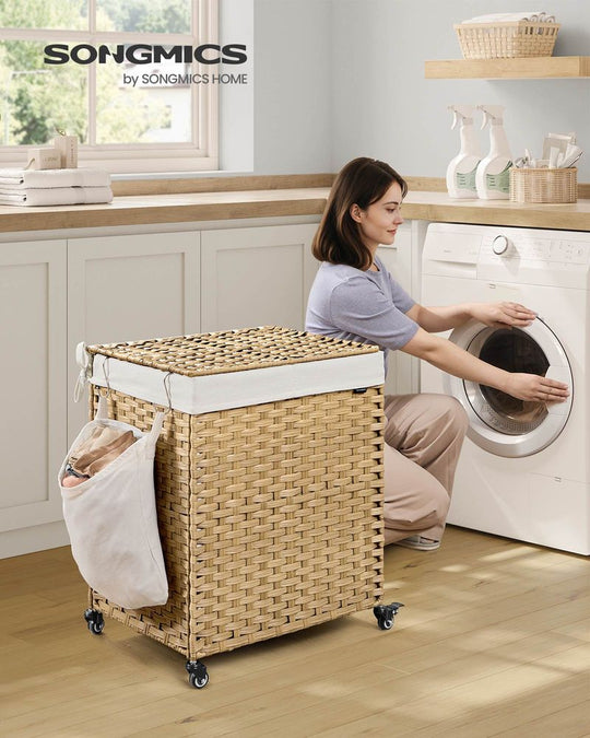 Rolling Laundry Basket | Woven Hamper With Lid And Wheels