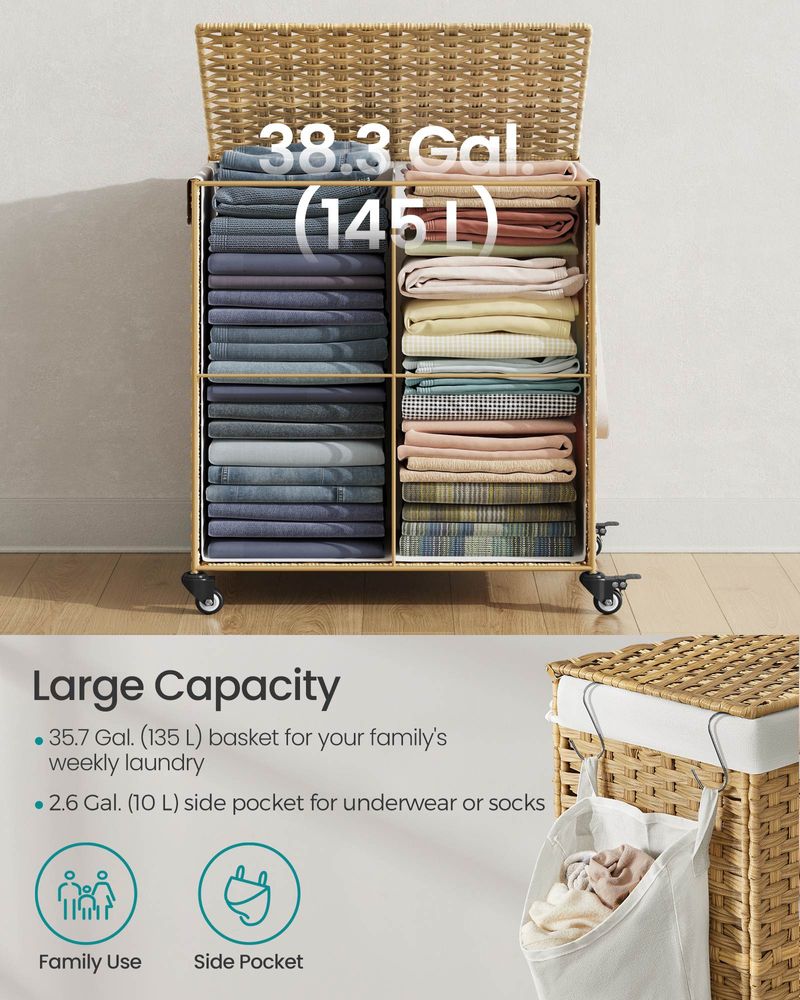 Rolling Laundry Basket | Woven Hamper With Lid And Wheels