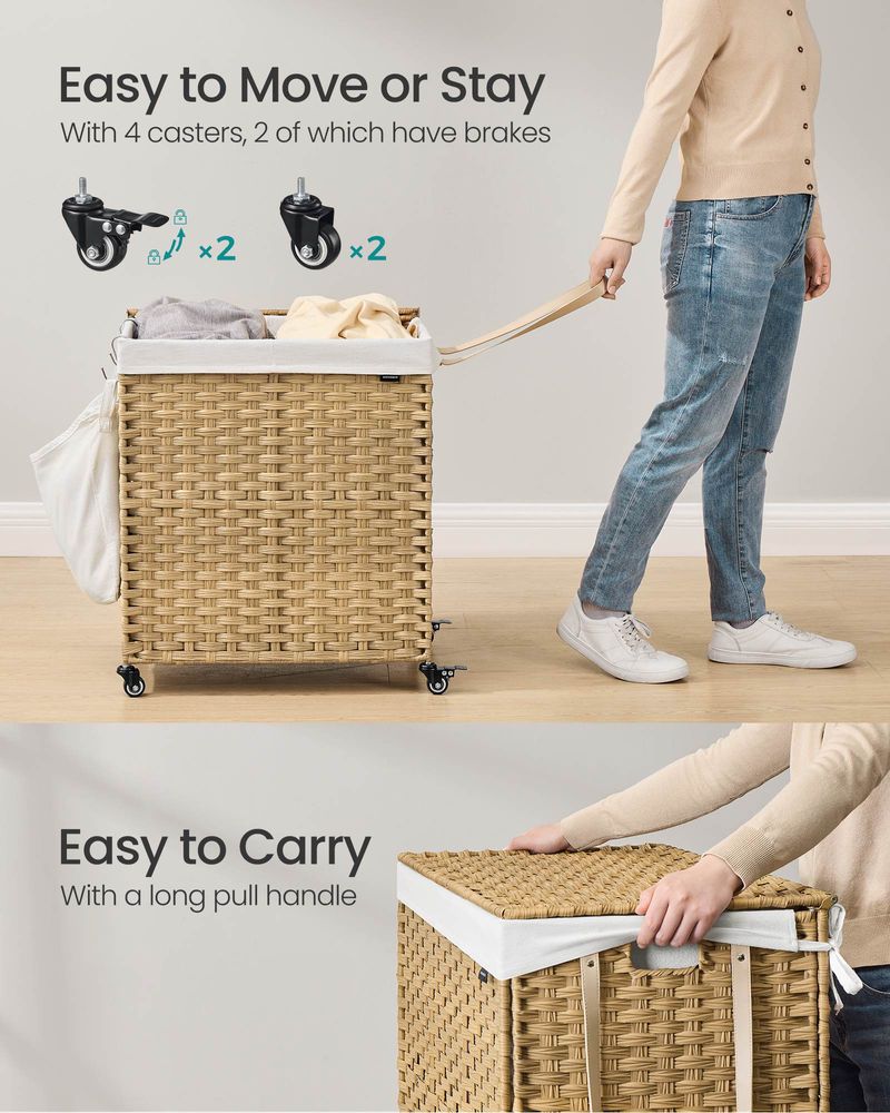 Rolling Laundry Basket | Woven Hamper With Lid And Wheels