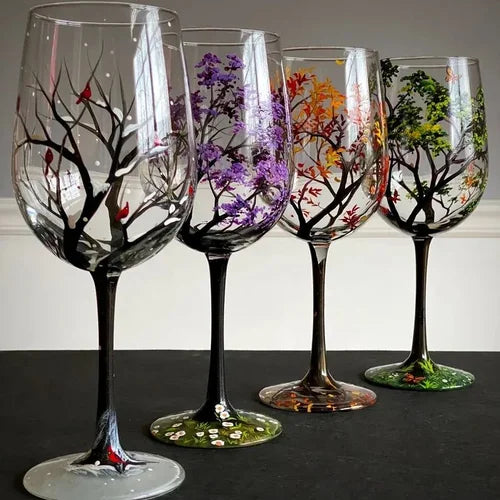 Hand-Painted Wine Glasses | Tree Motif Stemware