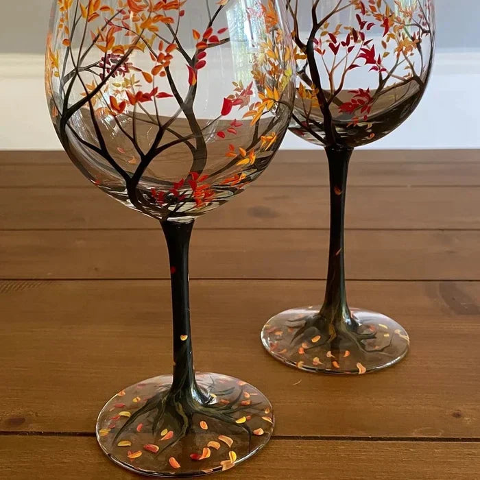 Hand-Painted Wine Glasses | Tree Motif Stemware