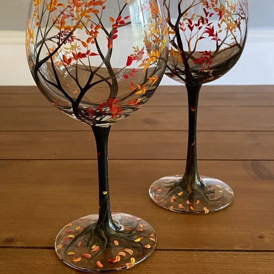 Hand-Painted Wine Glasses | Tree Motif Stemware