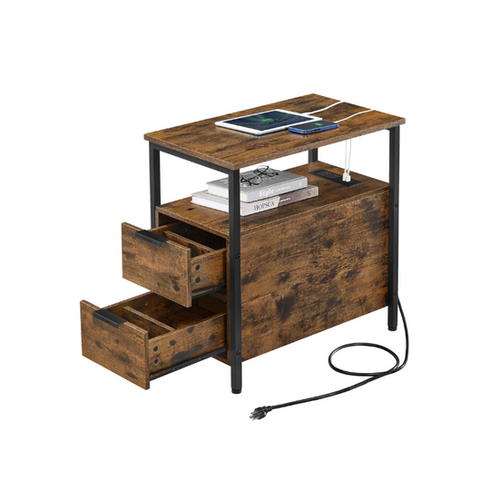 Narrow End Table With Charging Station | Two Drawers And Open Shelf