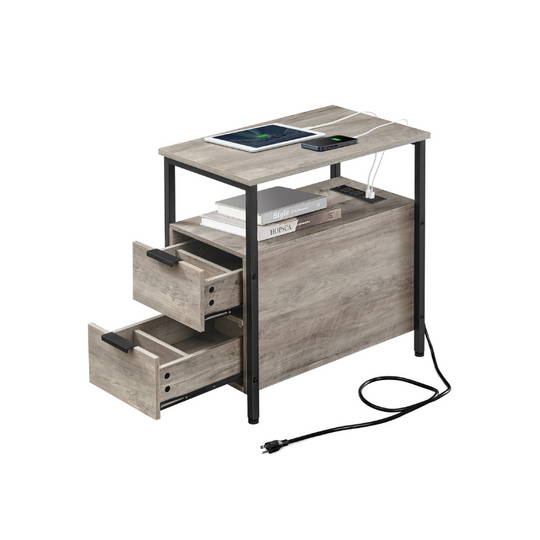 Narrow End Table With Charging Station | Two Drawers And Open Shelf