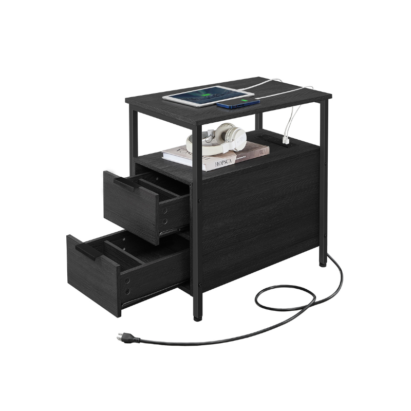 Narrow End Table With Charging Station | Two Drawers And Open Shelf