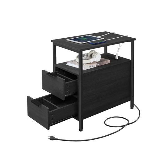 Narrow End Table With Charging Station | Two Drawers And Open Shelf