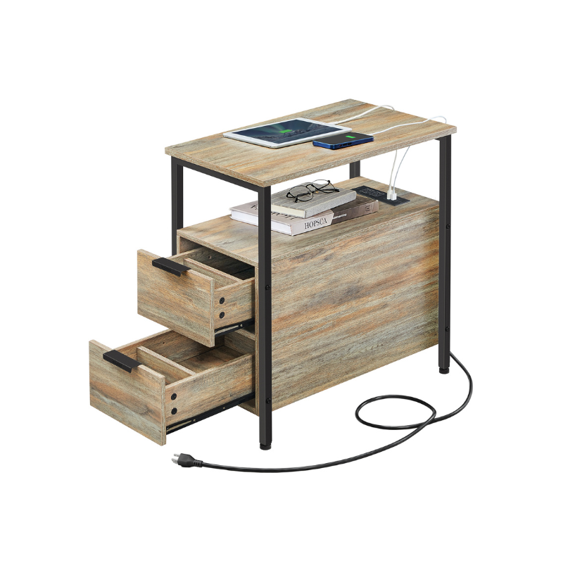 Narrow End Table With Charging Station | Two Drawers And Open Shelf