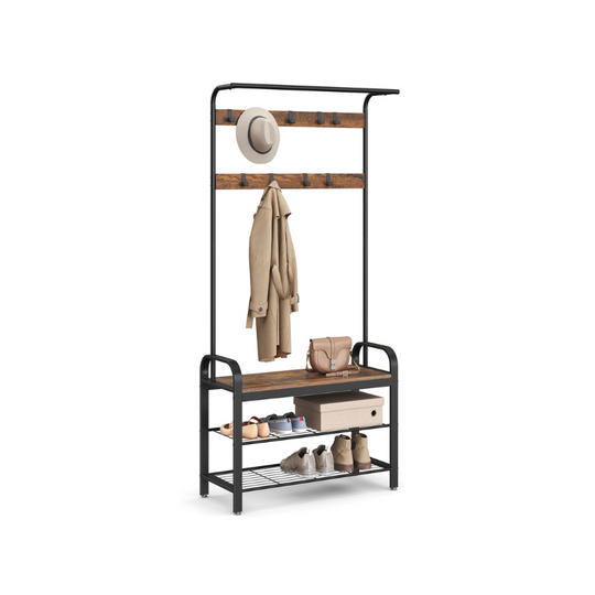 Industrial Hall Tree With Bench | Coat Hooks And Shoe Storage