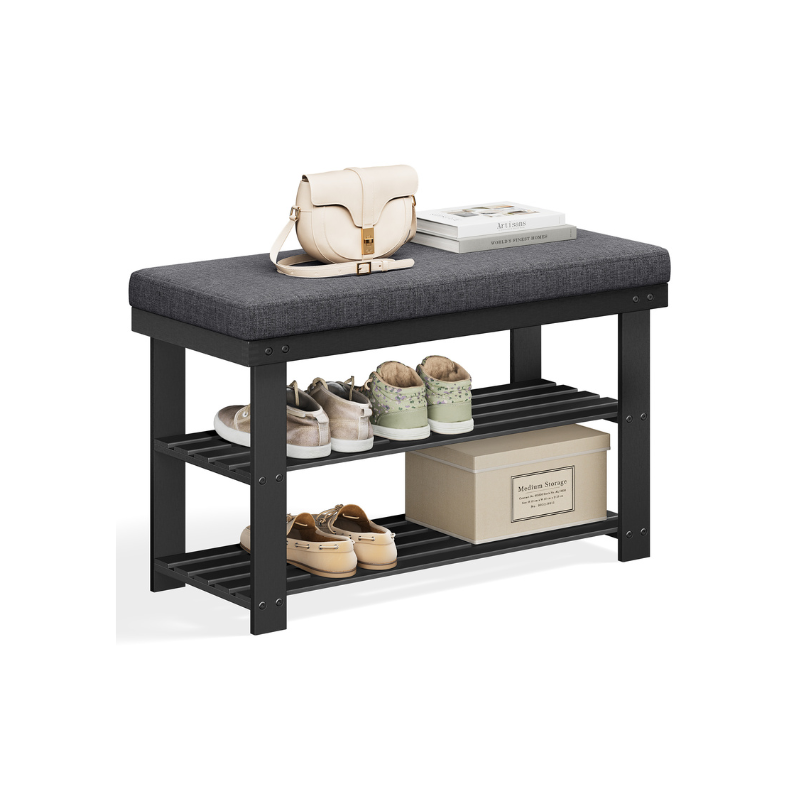 Bamboo Shoe Bench | Cushioned Seat With Two Storage Shelves