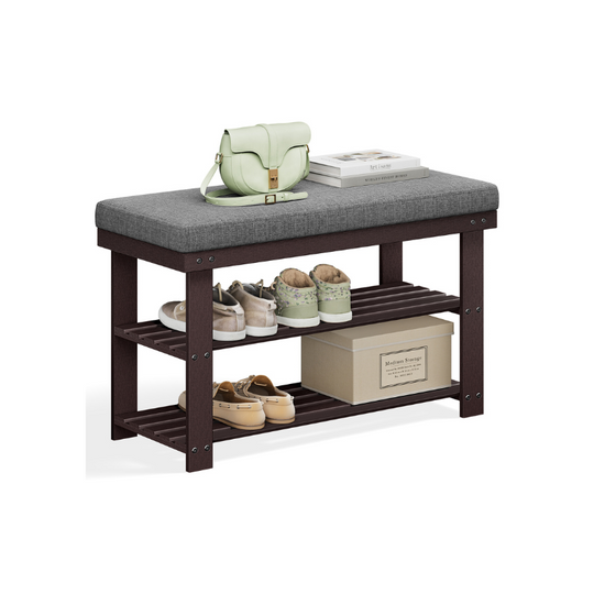 Bamboo Shoe Bench | Cushioned Seat With Two Storage Shelves