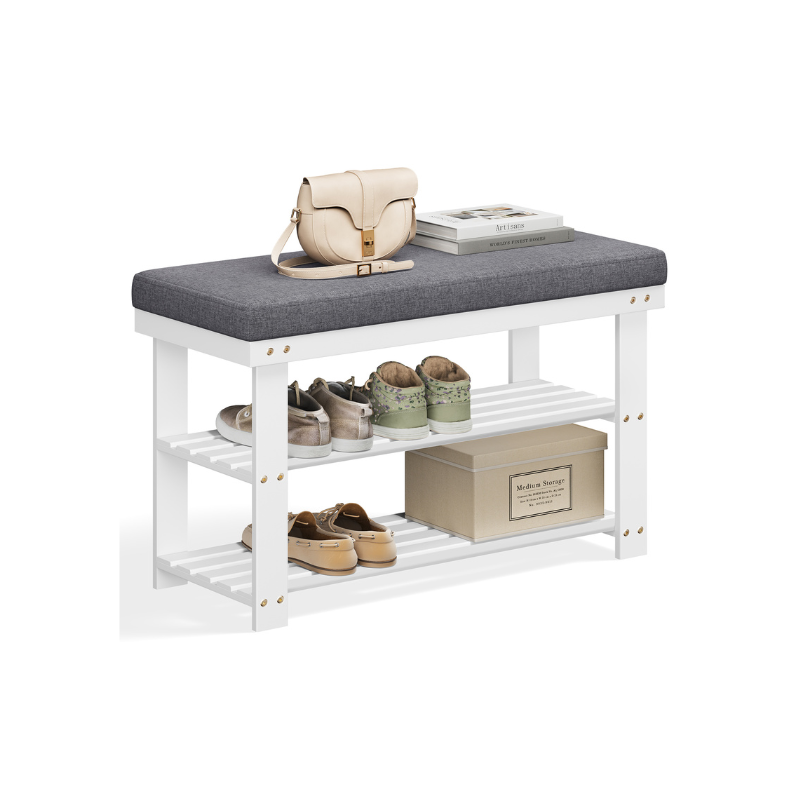 Bamboo Shoe Bench | Cushioned Seat With Two Storage Shelves