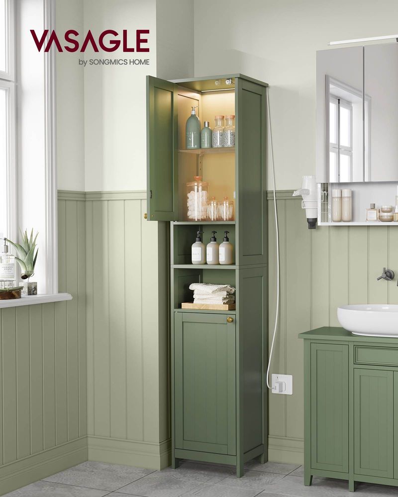 Tall Narrow Bathroom Cabinet | Door Activated Light With Adjustable Shelves