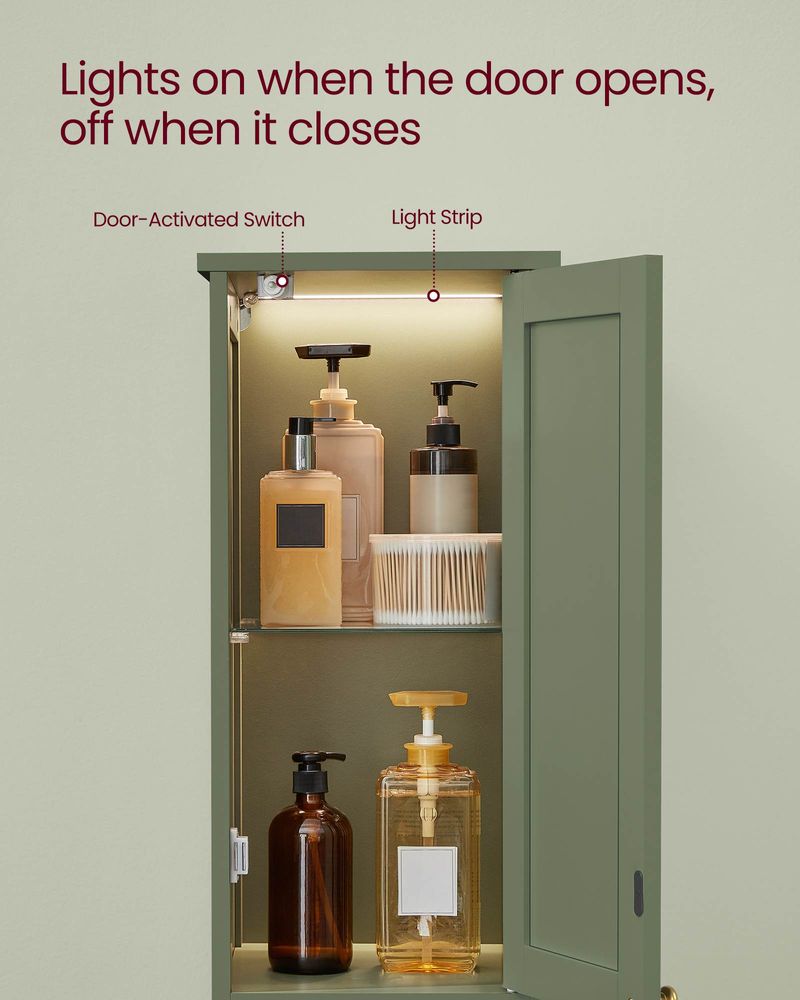 Tall Narrow Bathroom Cabinet | Door Activated Light With Adjustable Shelves