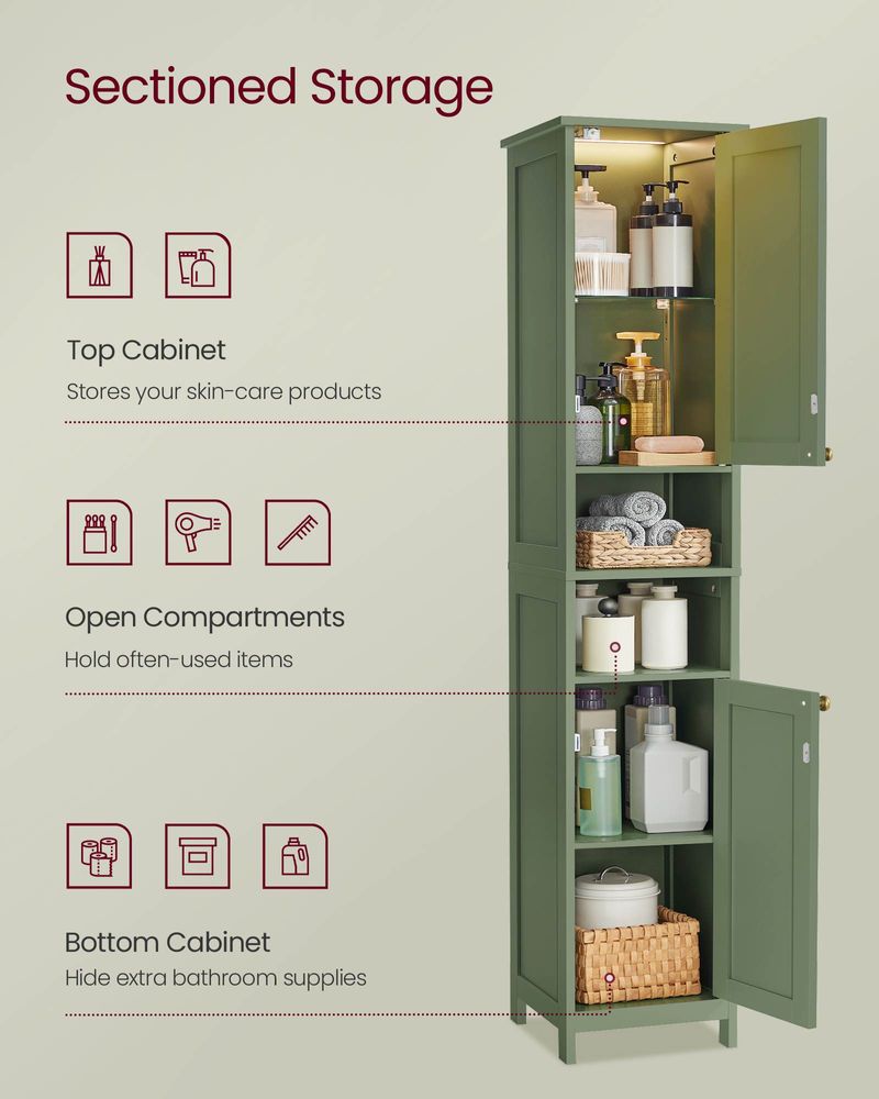 Tall Narrow Bathroom Cabinet | Door Activated Light With Adjustable Shelves