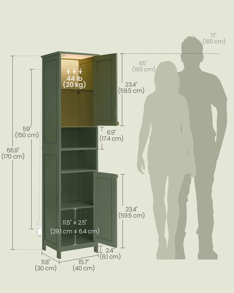 Tall Narrow Bathroom Cabinet | Door Activated Light With Adjustable Shelves