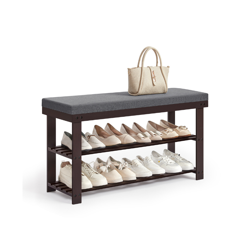 Bamboo Shoe Bench | Cushioned Seat With Two Storage Shelves