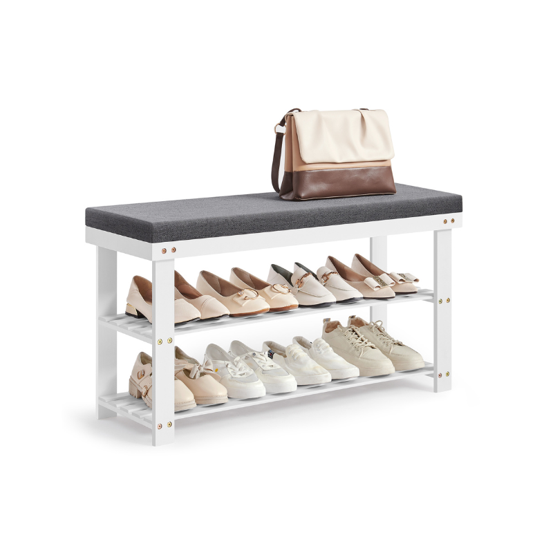 Bamboo Shoe Bench | Cushioned Seat With Two Storage Shelves