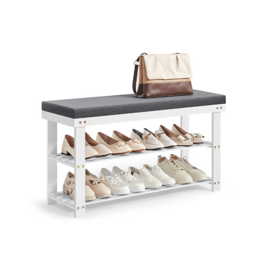 Bamboo Shoe Bench | Cushioned Seat With Two Storage Shelves