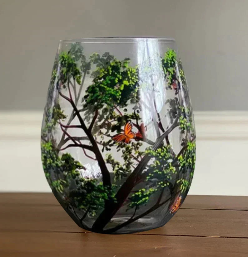 Hand-Painted Wine Glasses | Tree Motif Stemware