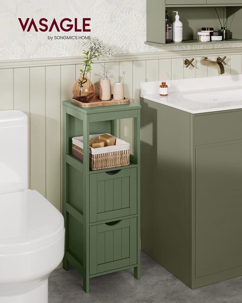 Bathroom Floor Cabinet | Open Shelf Storage With Two Drawers