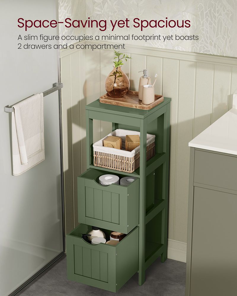 Slim Bathroom Floor Cabinet | Two Drawers With Open Shelf