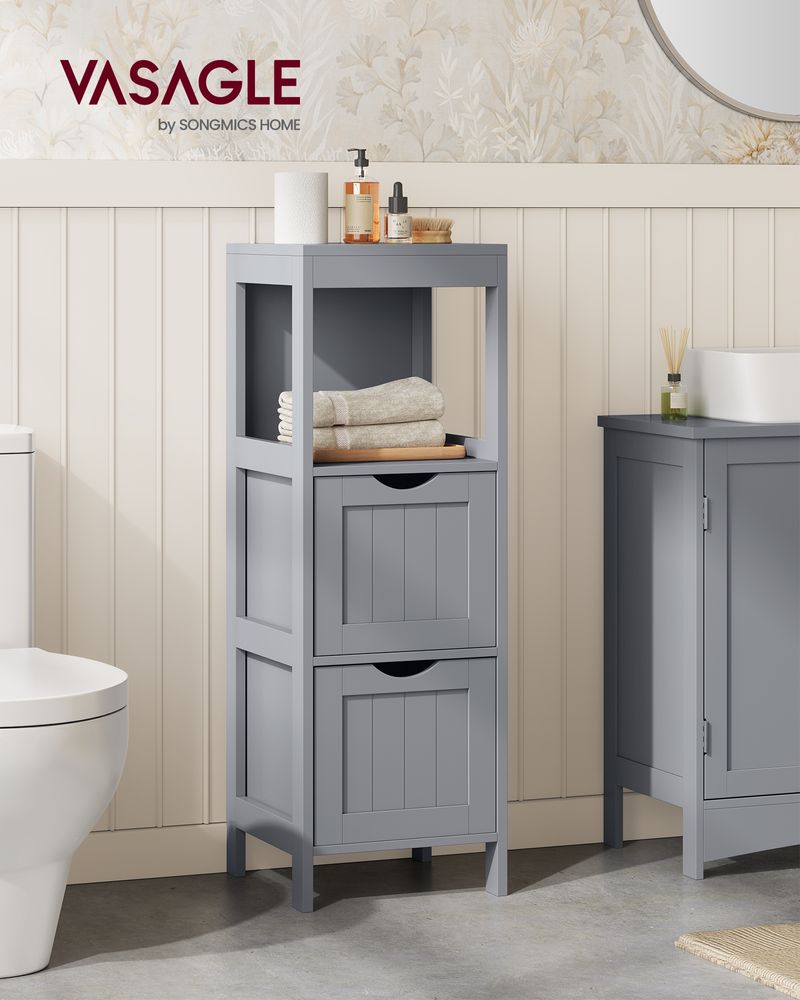 Slim Bathroom Floor Cabinet | Two Drawers With Open Shelf