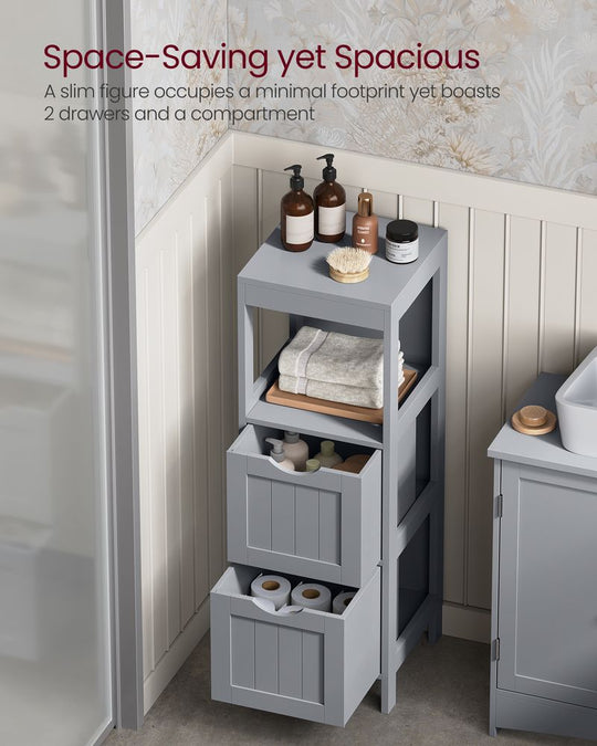 Slim Bathroom Floor Cabinet | Two Drawers With Open Shelf