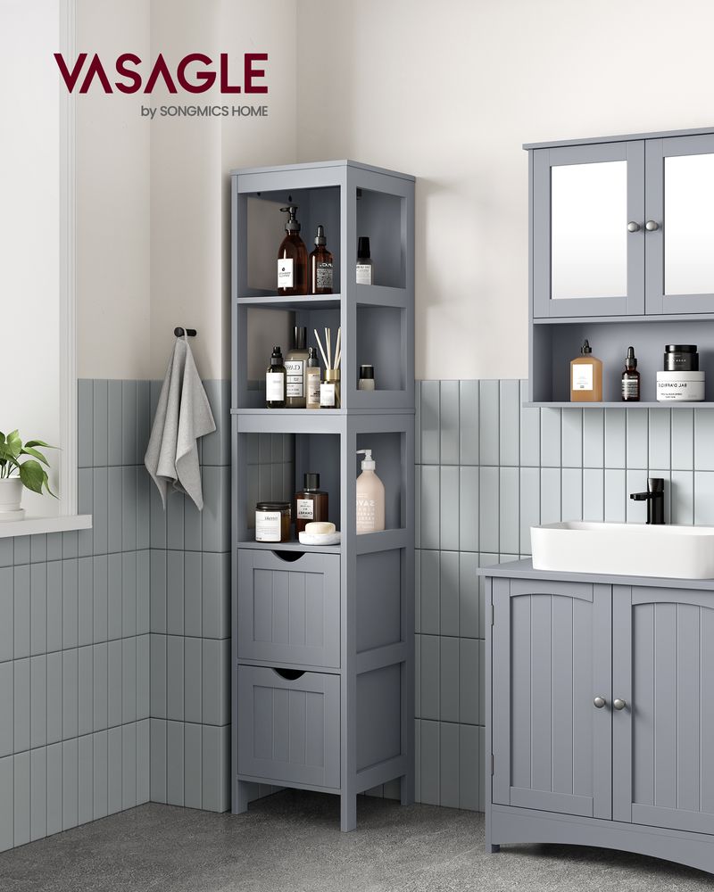 Slim Bathroom Floor Cabinet | Tall Storage With Open Shelves