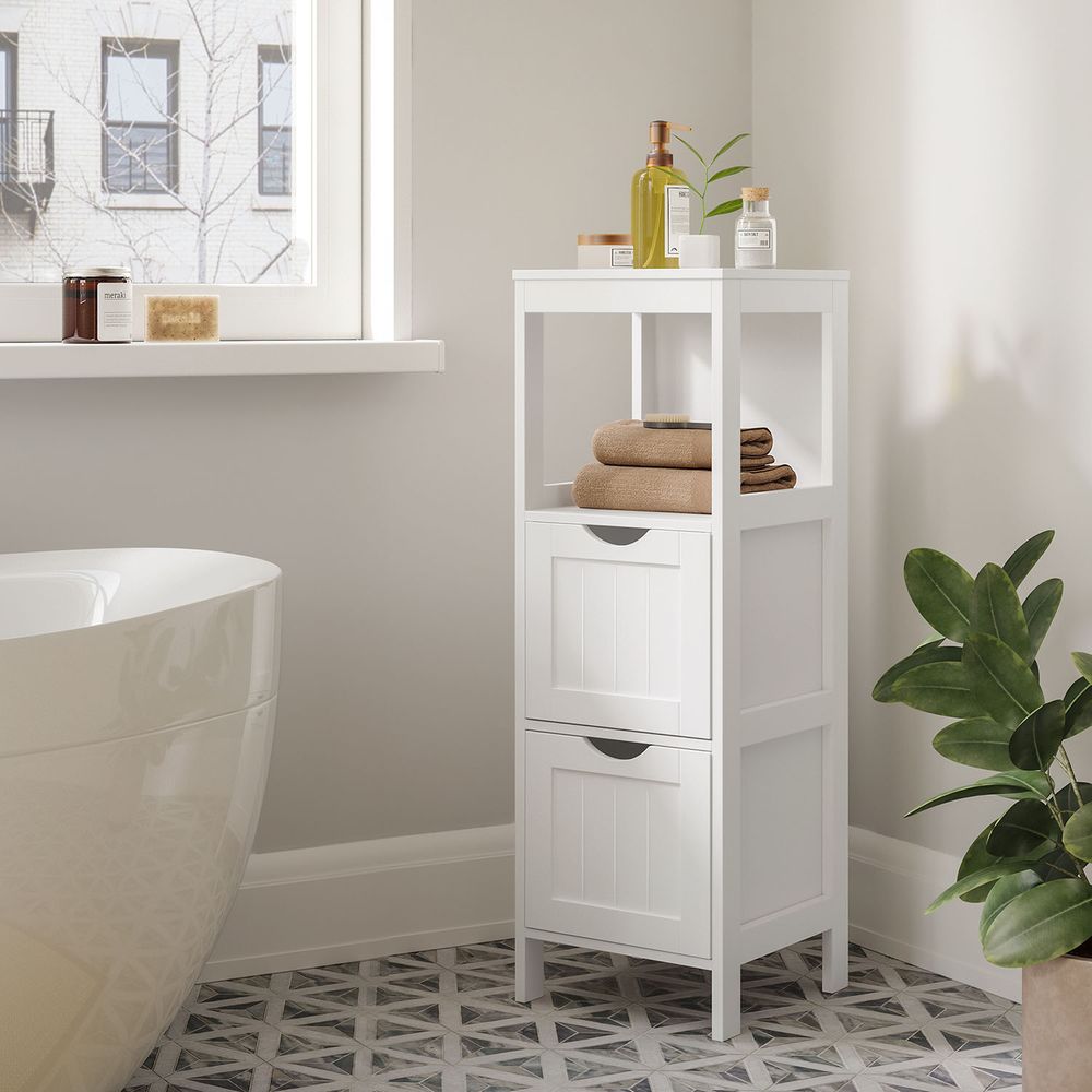 Slim Bathroom Floor Cabinet | Two Drawers With Open Shelf