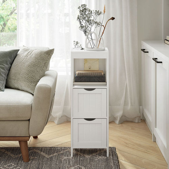 Slim Bathroom Floor Cabinet | Two Drawers With Open Shelf
