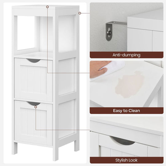 Slim Bathroom Floor Cabinet | Two Drawers With Open Shelf