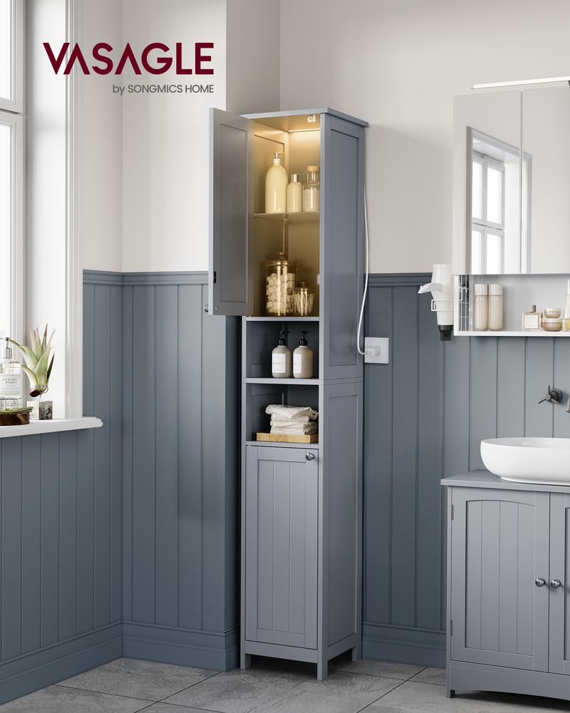 Tall Narrow Bathroom Cabinet | Door Activated Light With Adjustable Shelves